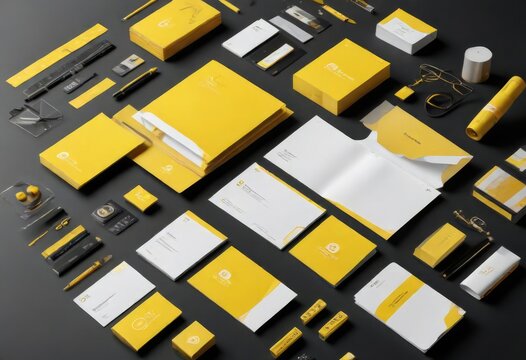 Creative agency branding materials with pops of yellow color, marketing, design