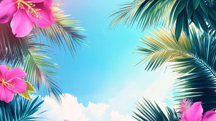 Obraz premium Tropical Frame with Bright Pink Flowers