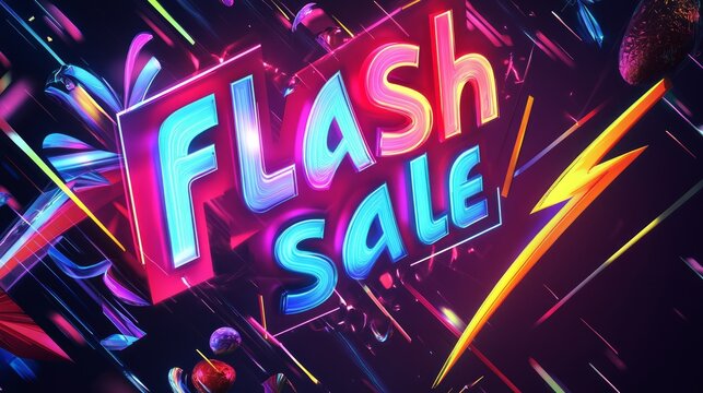 Vibrant 3D "Flash Sale" text design with dynamic elements and colorful streaks.