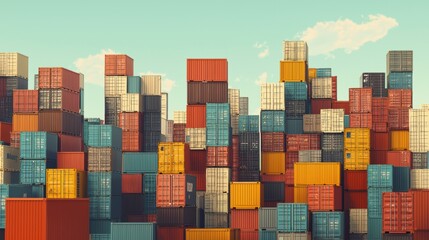 Colorful Stacked Cargo Containers Under a Blue Sky