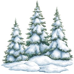 Obraz premium Watercolor Painting of Snow-Covered Pine Trees in Winter Wonderland.