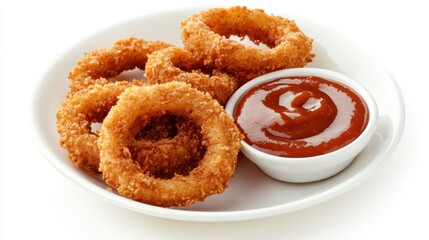 A plate of crispy onion rings with a golden, crunchy coating and a side of tangy barbecue sauce, Each ring’s crispy texture and sweet onion flavor captured with precision