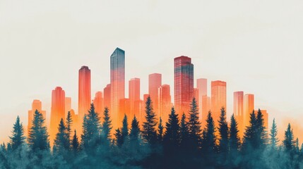 Fototapeta premium City Skyline Emerging from a Misty Pine Forest at Sunset