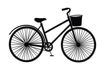 A simple, minimalist silhouette drawing of a bicycle in a side profile with front basket.eps