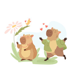 Composition of funny capybaras in love. Happy exotic animals, cute biggest rodents, different poses and emotions Valentines love day. Flat vector design elements for card, packaging, fabrics, flyers