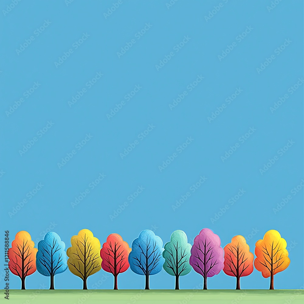 Poster a blue background with a row of trees in various colors