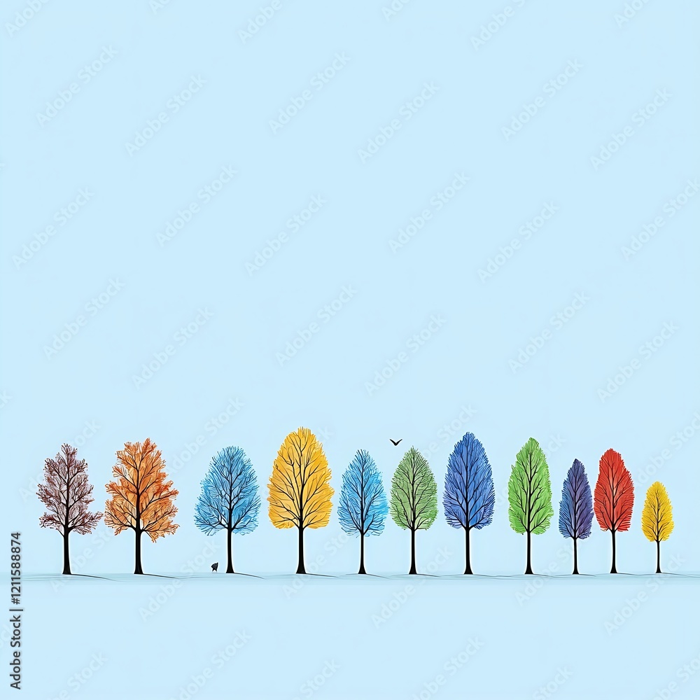 Poster a blue background with a row of trees in various colors