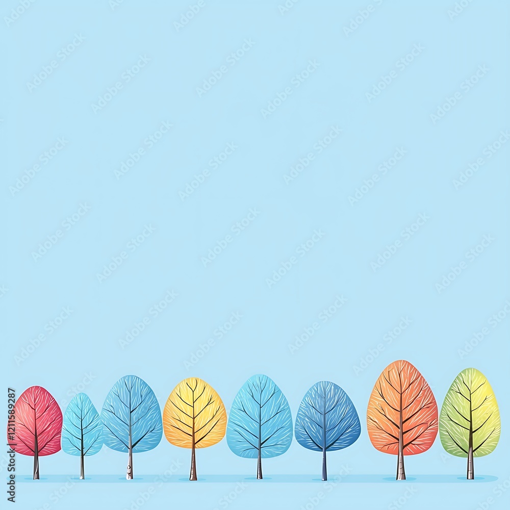 Poster a blue background with a row of trees in various colors