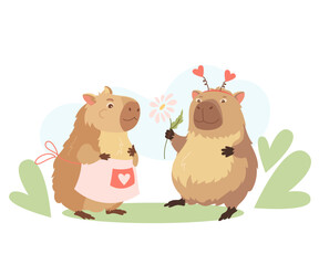 Cartoon pretty capybaras couple in love. Happy exotic animals, funny biggest rodents celebrate Valentines love day with love emotions. Flat vector design elements for card, packaging, fabrics, flyers
