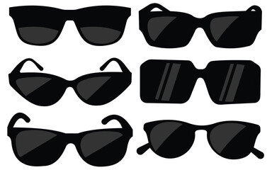 Set of black fashionable sunglasses icon. Mens retro eyewear sunglass silhouette. Sun lens, Polarized geek glasses. Dark Glasses vector Icons Collection.