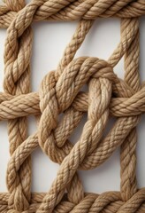 Fototapeta premium Detailed shot of hemp rope square knot on white canvas , hemp rope, closeup, handmade