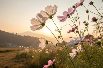 Naklejka premium Detailed shot of individual cosmos flowers facing the sun with radiant sunlight illuminating their delicate petals and textures, sunlight, floral, bloom, radiant light