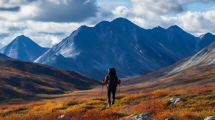 Fototapeta premium Autumnal Hike in the Alaskan Mountains: A Solo Journey Through Breathtaking Scenery