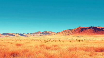Fototapeta premium Golden Desert Landscape: Majestic Mountains under a Clear Blue Sky