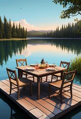 Fototapeta premium Lakeside Dinner Table Setting Serene Sunset View
