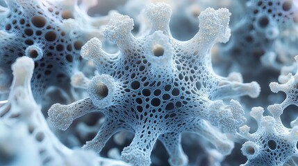 3D rendering of viruses with intricate structure, detailed and vivid, medical research focus 