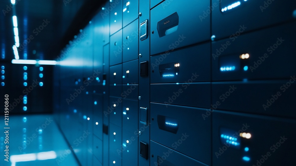 Poster a server room with many blue lit servers, data storage, cloud computing and networking