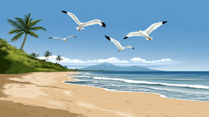 Fototapeta premium Seagulls flying over tropical beach with palm trees