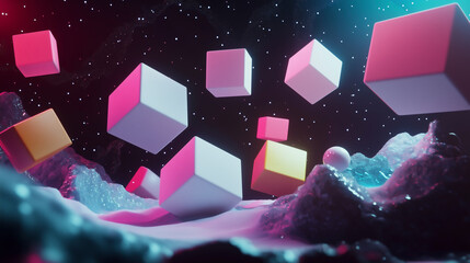 Colorful Digital Space with Floating Cubes and Creative Lighting Effects.