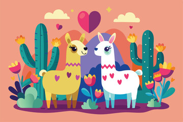 Naklejka premium Two llamas express affection amid a colorful garden with cacti and blooming flowers at sunset, Llamas in love Customizable Semi Flat Illustration