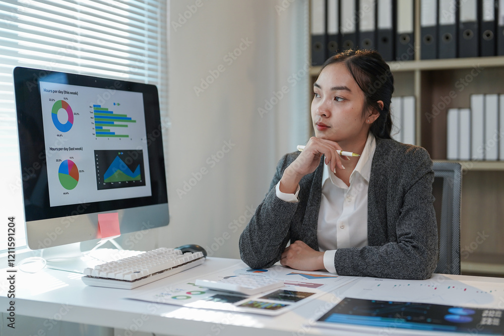 Poster young businesswoman is analyzing charts and graphs displayed on computer screen. contemplating strat