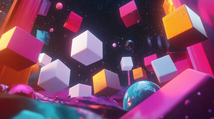 Colorful Digital Space with Floating Cubes and Creative Lighting Effects.