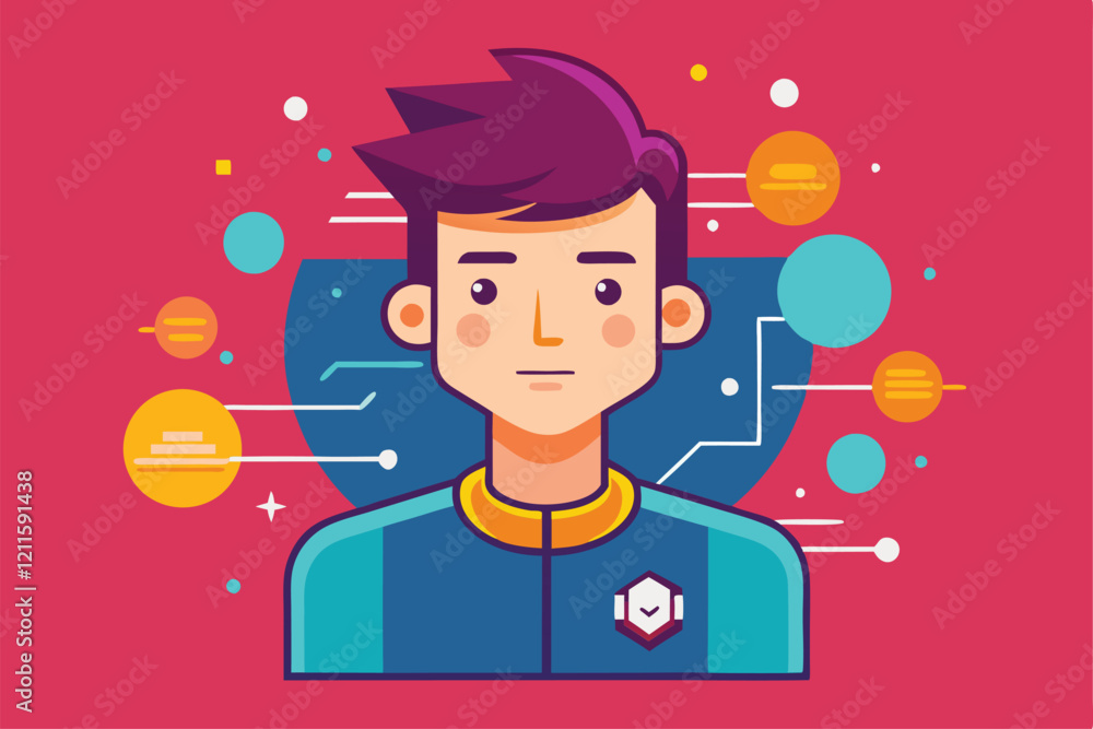 Poster a digital character with a modern look, showcasing customizable features and a tech-inspired backgro