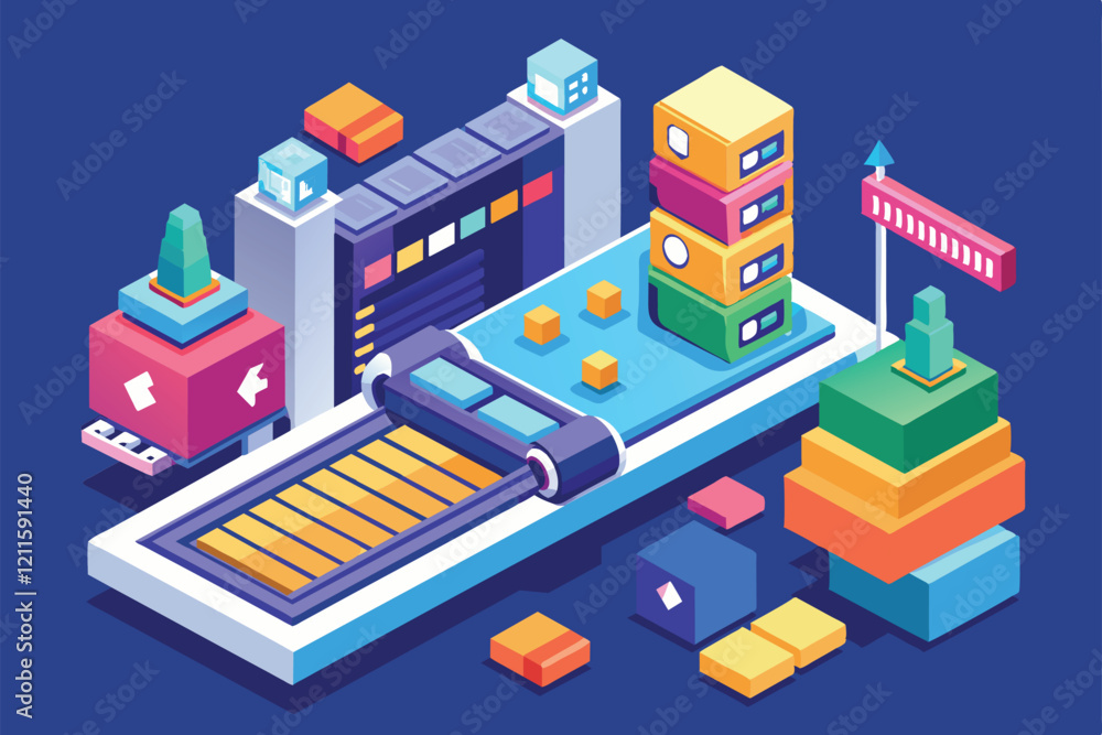Poster a vibrant isometric scene featuring a loading platform surrounded by colorful cubes and structures, 