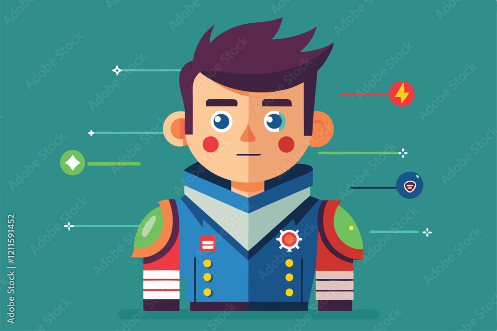 Poster a young character dressed in a vibrant space suit features distinct attributes highlighted around hi