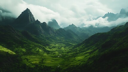 Fototapeta premium Majestic Mountain Valley: A Breathtaking Panorama of Lush Green Landscape