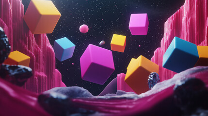 Colorful Digital Space with Floating Cubes and Creative Lighting Effects.