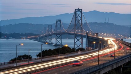 Fototapeta premium Exposure blurred car headlights on the Richmond-San Rafael Bridge at dusk, California coastline, long exposure, driving light effects, San Rafael Bridge