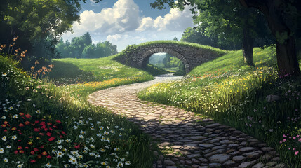 Obraz premium Picturesque Stone Bridge and Flower Path in a Sunny Meadow