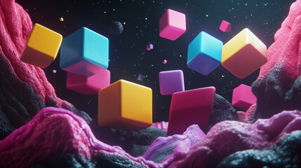 Colorful Digital Space with Floating Cubes and Creative Lighting Effects.
