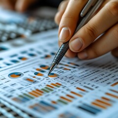 Close-up of hand analyzing financial data charts.