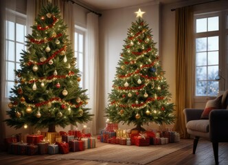 Festive and cozy atmosphere of a decorated Christmas tree, winter wonderland, atmosphere