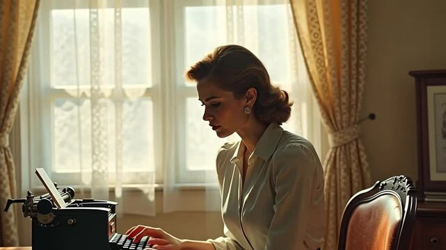A woman wearing a 1940s rayon blouse with shoulder pads sits at a vintage desk, typing on a typewriter.