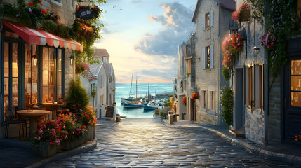 Fototapeta premium Coastal Charm: A Picturesque European Village by the Sea