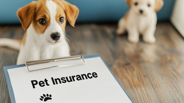 A cute puppy sits beside a clipboard labeled "Pet Insurance," highlighting the importance of safeguarding pets' health and well-being