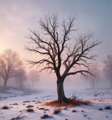 Foggy winter landscape with burnt tree branches, burnt trees, woodland