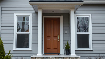 Gray House Exterior with Wooden Door and White Trim: A Classic American Home Design