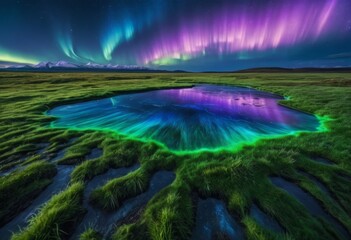 Fototapeta premium Magical Aurora Borealis Reflecting in a Calm Pond at Night, Surrounded by Lush Green Grass