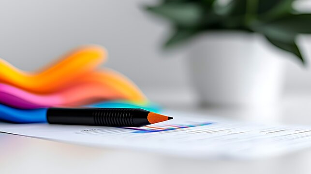 Close-up of a black pencil on a white desk with colorful pencils and a plant in the background