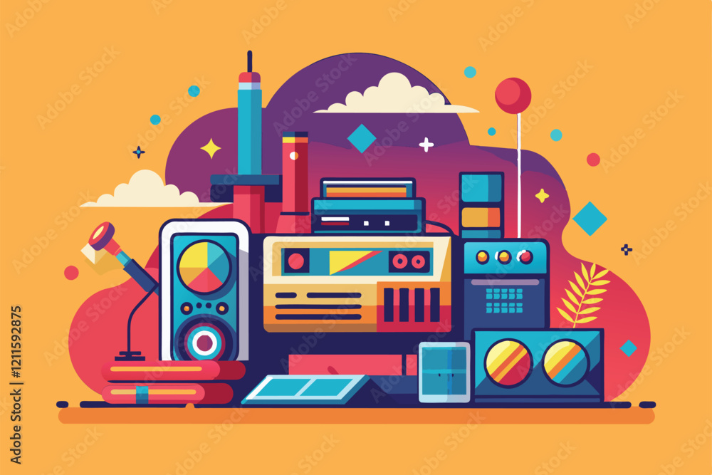 Aufkleber featuring various lo-fi music devices and colorful elements arranged harmoniously in a playful desig