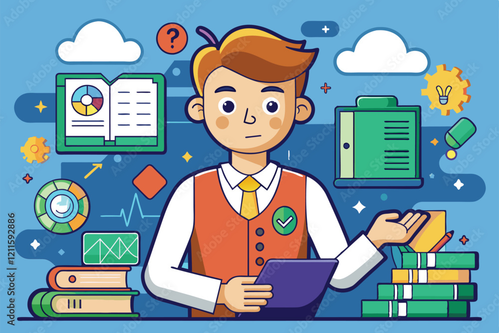 Poster a cartoon character explores logic concepts surrounded by books and various educational tools for le