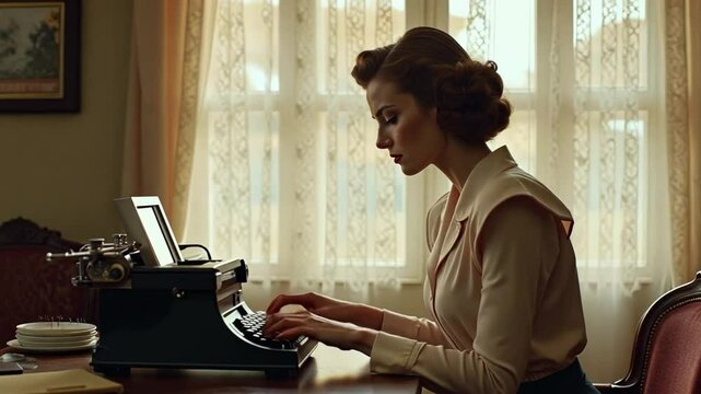 A woman wearing a 1940s rayon blouse with shoulder pads sits at a vintage desk, typing on a typewriter.