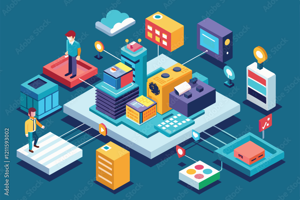 Poster two figures navigate a colorful isometric landscape filled with diverse structures and technology, l
