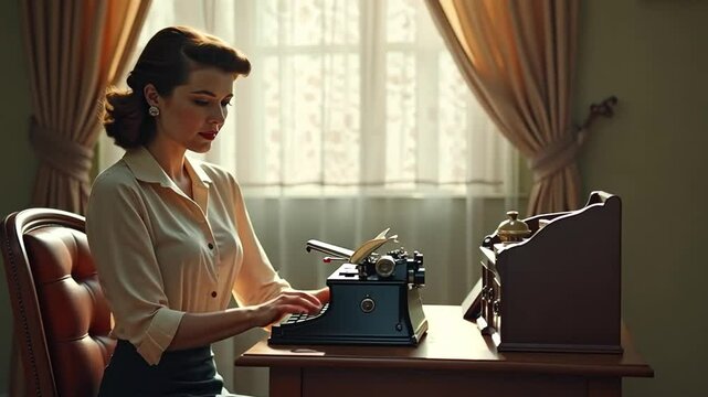 A woman wearing a 1940s rayon blouse with shoulder pads sits at a vintage desk, typing on a typewriter.