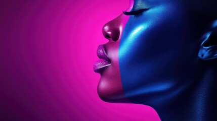 Obraz premium Vibrant Blue and Pink Profile of a Model with Glossy Skin Features