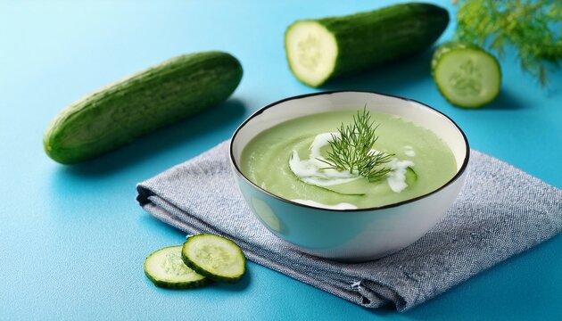 Fresh healthy cucumber soup in bowl on blue background